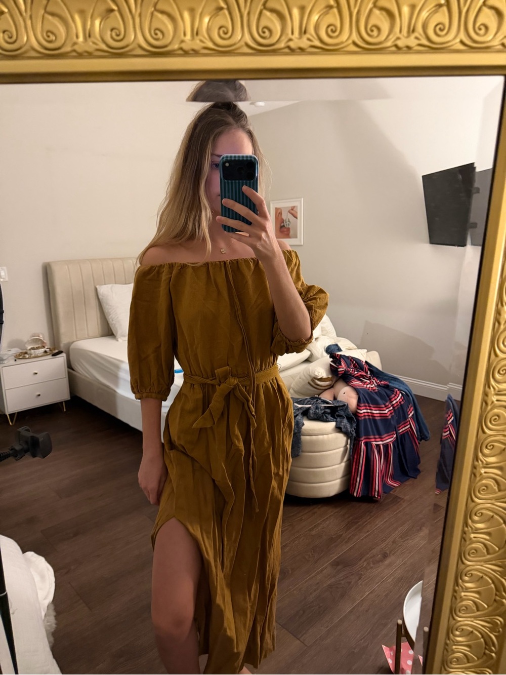 Topshop Mustard Off-Shoulder Tie-Waist Midi Dress